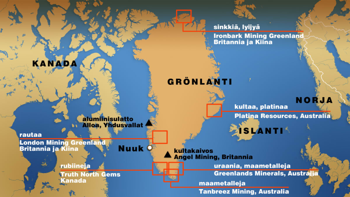 Kartta Grönlannin luonnonvaroista.