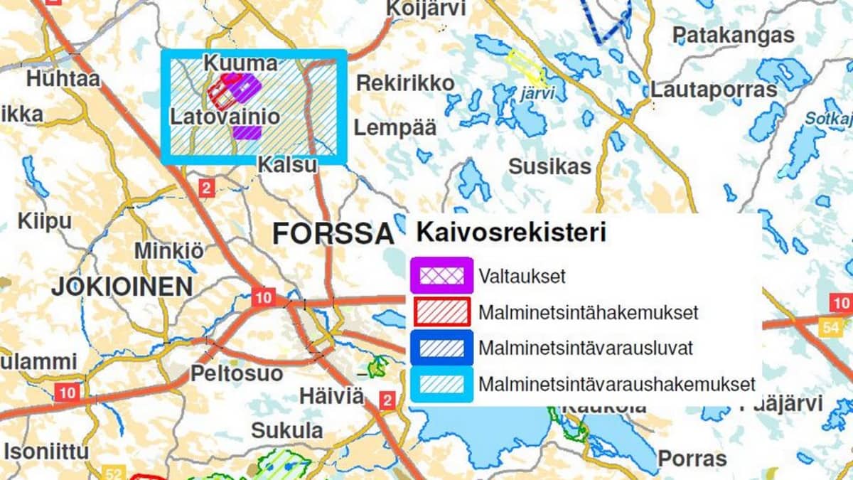 Kartta kaivosvaltausaluesta Pohjois-Tammelassa