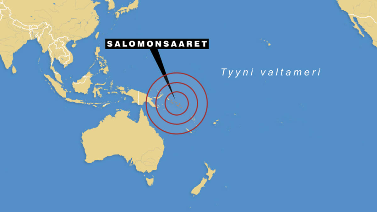 Tyynenmeren kartta, jossa Salomonsaaret ja maanjäristysalue.