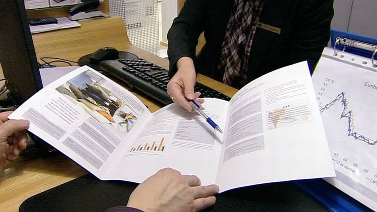 Pankkineuvoja näyttää asiakkaalle esitettä.