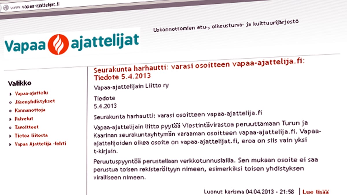 Vapaa-ajattelijat suivaantuivat kirkon varaamasta nettiosoitteesta | Yle  Uutiset