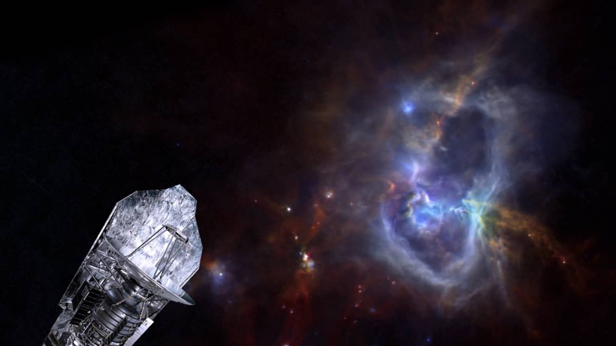 ESA:n havainnekuvassa avaruusobservatorio Herschel taustallaan sen itsensä kuvaama kaasusumu W40.