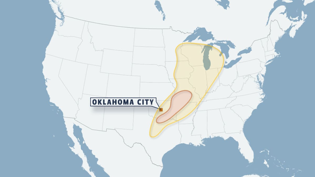 Kartta Yhdysvaltojen tornadovaara-alueesta.