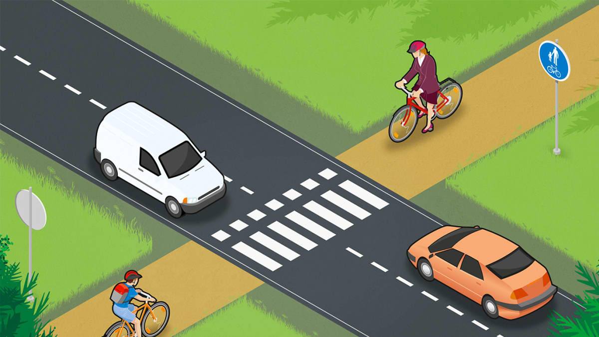 Kuvan tilanteessa voi pyöräillä tien yli, mutta polkupyöräilijän pitää väistää autoja.