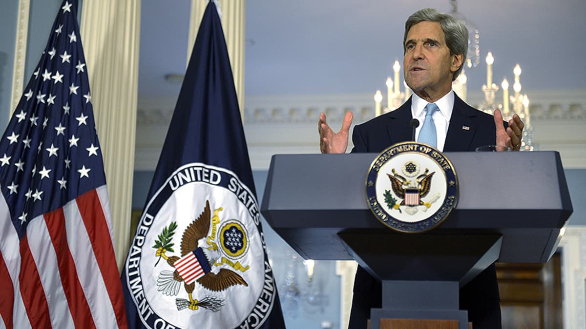 Yhdysvaltojen ulkoministeri John Kerry puhuu Syyrian tilanteesta Washington D.C.:ssä.