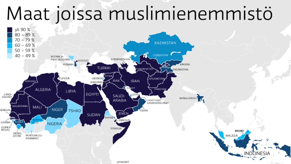 Kartta maailman maista, joissa on muslimienemmistö.