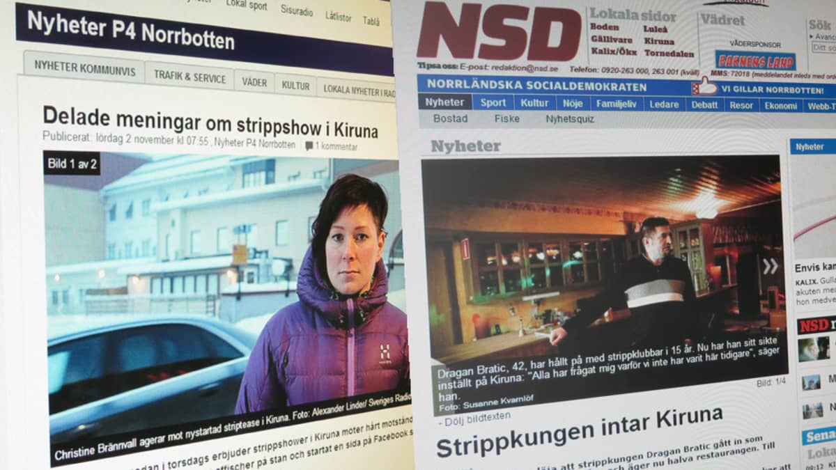 Kuvakaappauksessa Pohjois-Ruotsin tiedotusvälineiden nettiuutiset strippiklubin avaamisesta Kiirunassa.