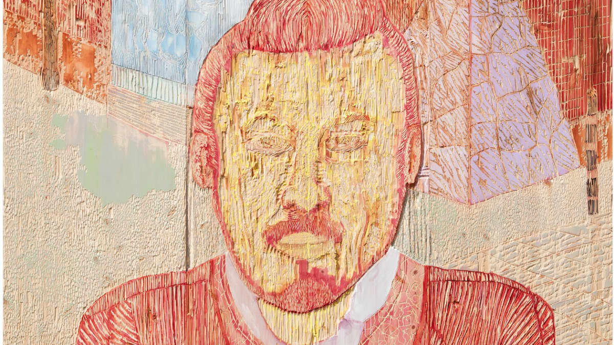 Mies risteyksessä, maalaus- ja kaiverrus mäntylevylle. 185 x 210 cm, 2013.