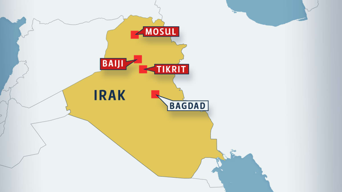 Irakin kartta, jossa ovat pääkaupunki Bagdadin lisäksi Baiji, Mosul ja Tikrit.