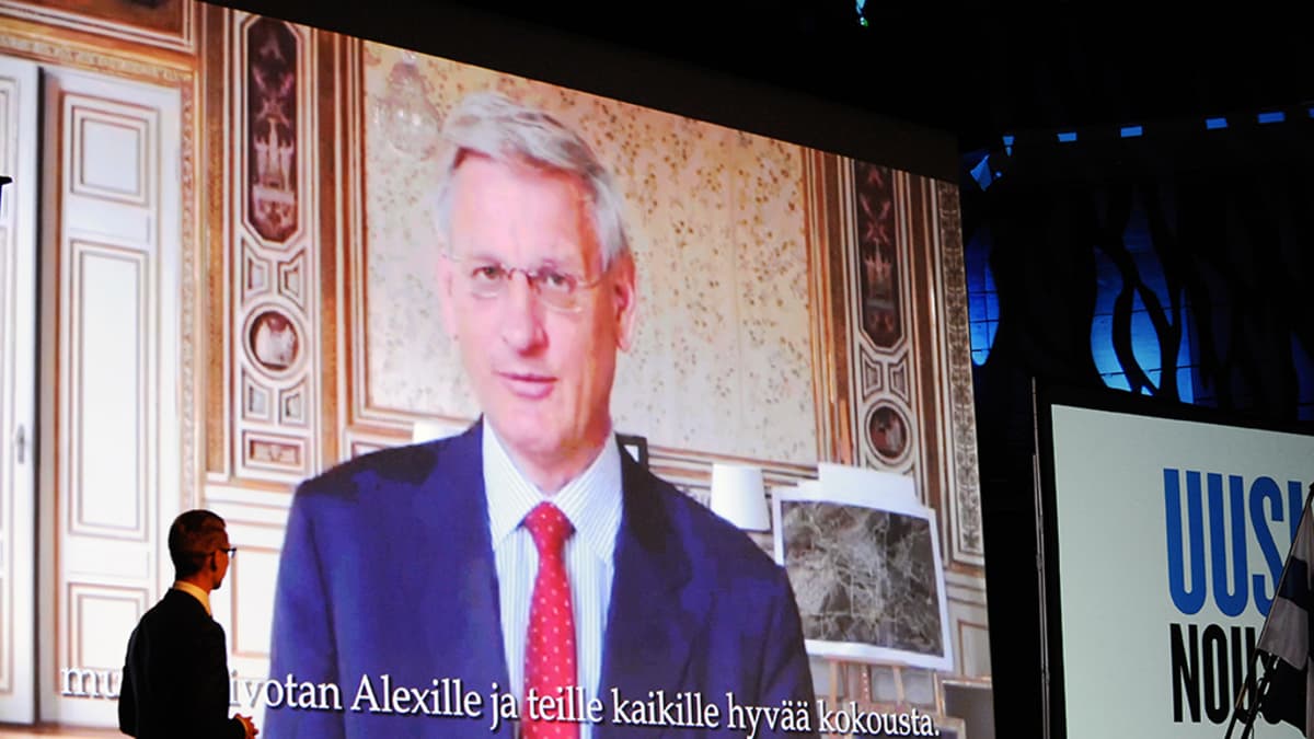 Carl Bildt onnittelee Alexander Stubbia videoyhteyden välityksellä.