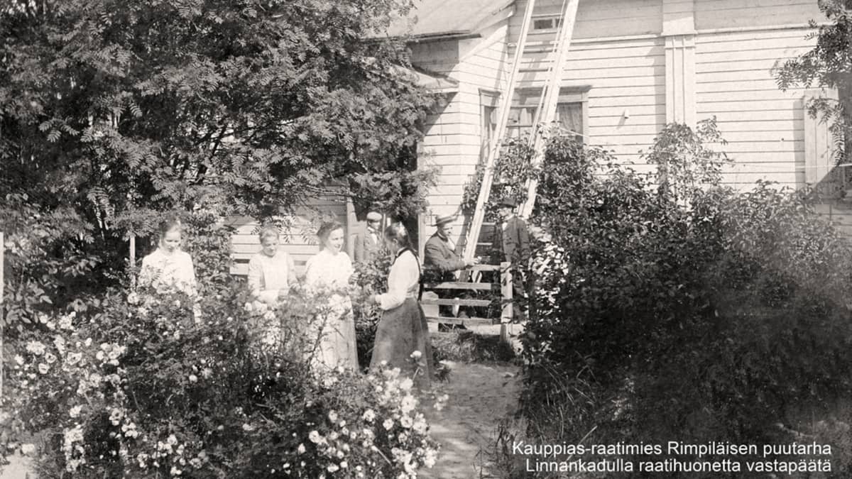 Nuoret naiset juttelevat kauppias-raatimies Rimpiläisen puutarhassa vanhassa mustavalkoisessa kuvassa.