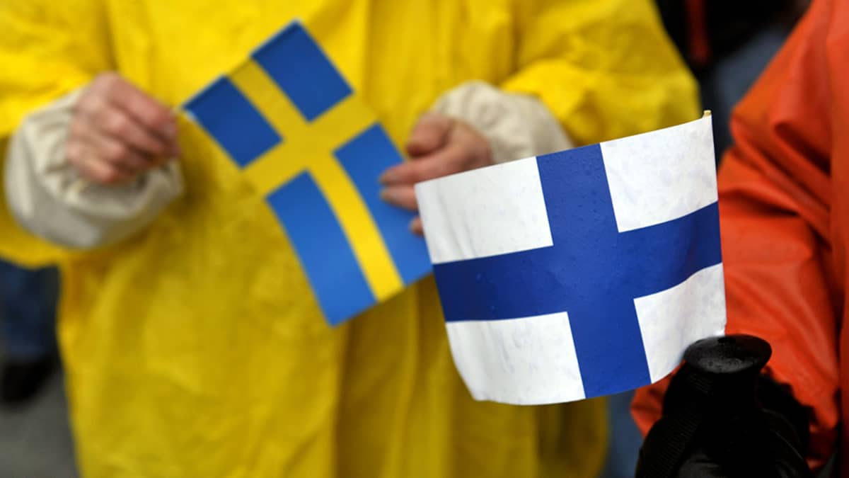 Kuvassa ovat Suomen ja Ruotsin liput. 