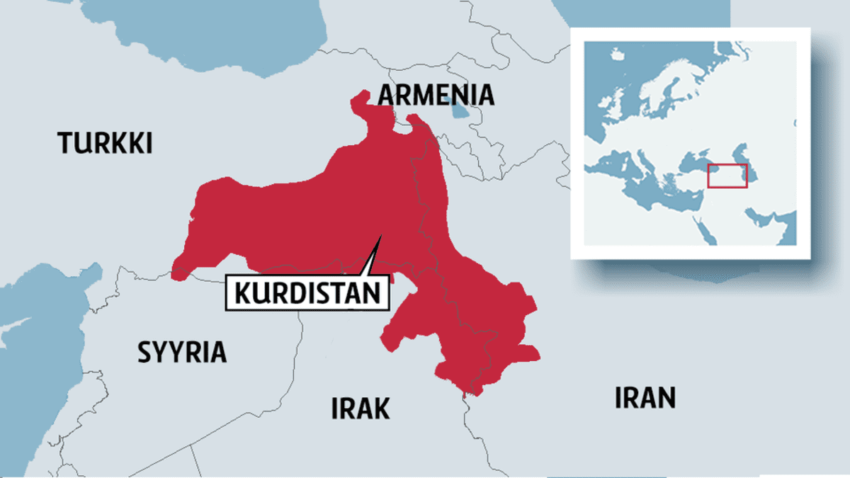 Kartta, johon merkitty Kurdistan.