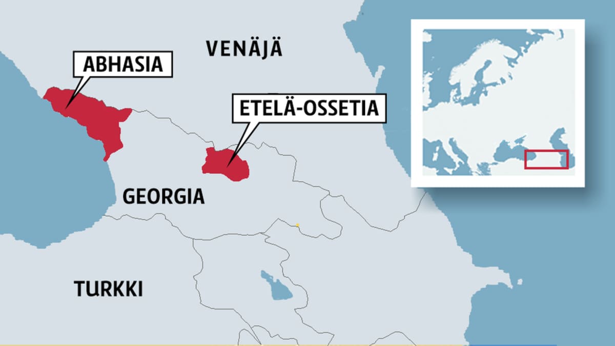 Karttaan merkitty Abhasia ja Etelä-Ossetia