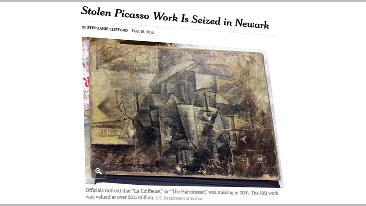 Kuvakaappaus New York Timesin nettisivuilta Picasson teoksesta "Coiffeuse".