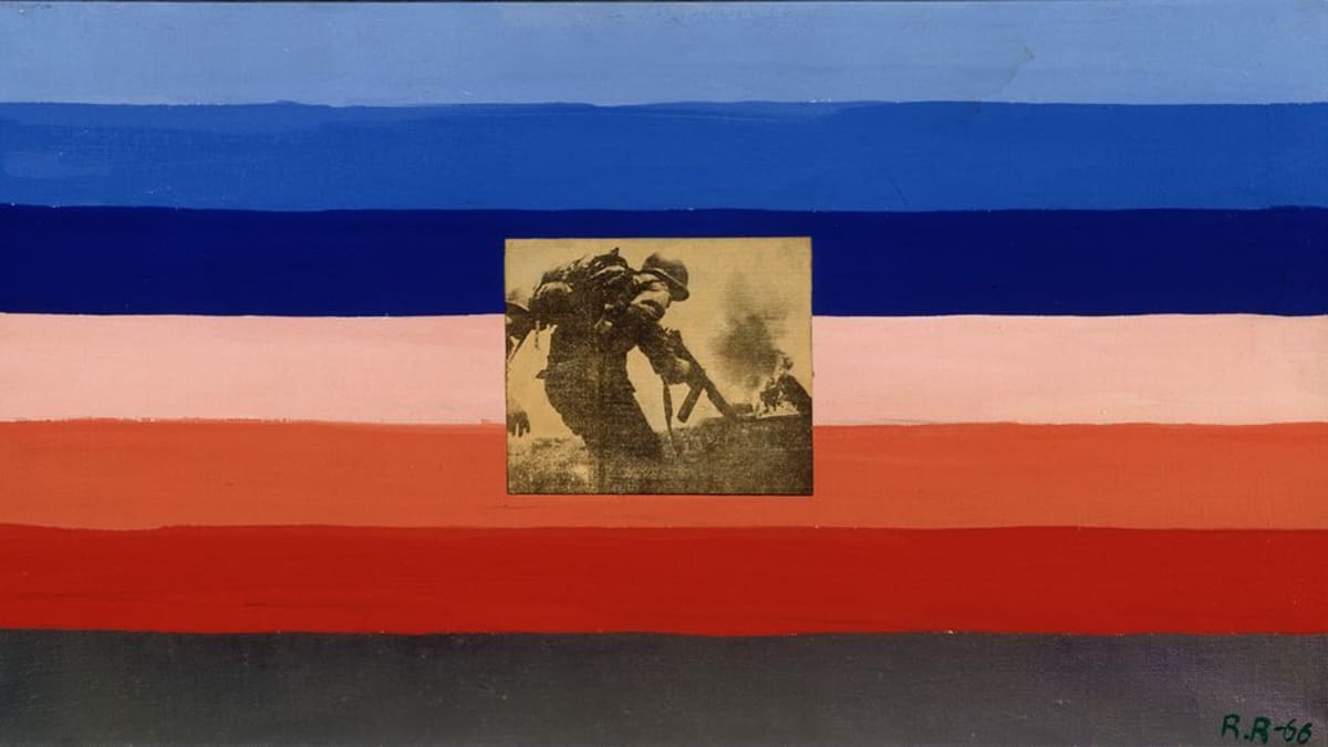 Raimo Reinikainen, Luonnos Yhdysvaltain lipuksi 1, 1966, öljy ja lehtikuva, kollaasi, 36 cm x 65, cm, Nykytaiteen museo Kiasma. 