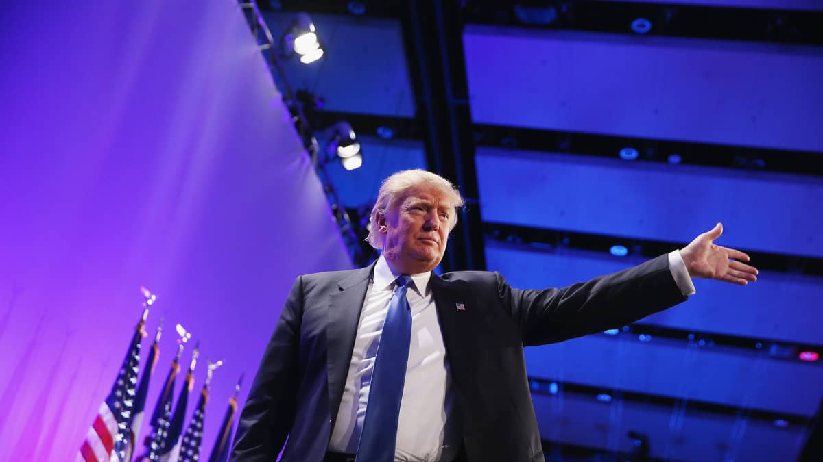 Liikemies Donald Trump puhui republikaanisen puolueen vieraille Des Moines`ssa, Iowan osavaltiossa, 16. toukokuuta.