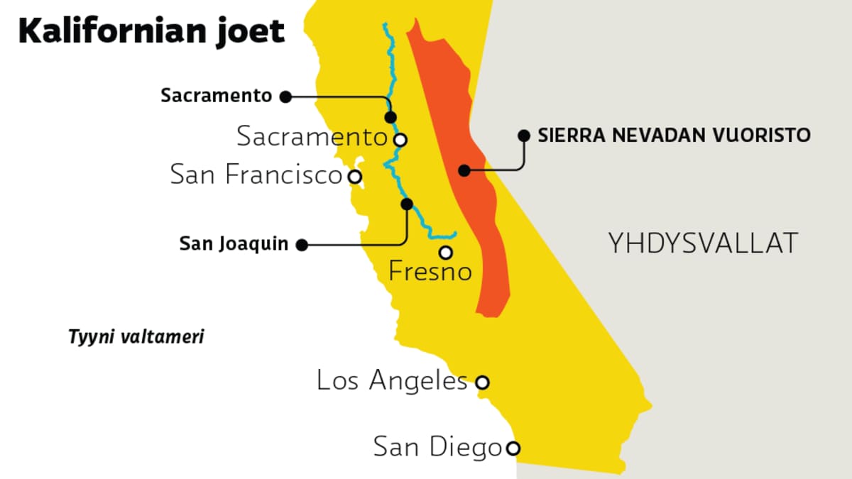 Karttagrafiikka, jossa Kalifornian jokia ja kaupunkeja.