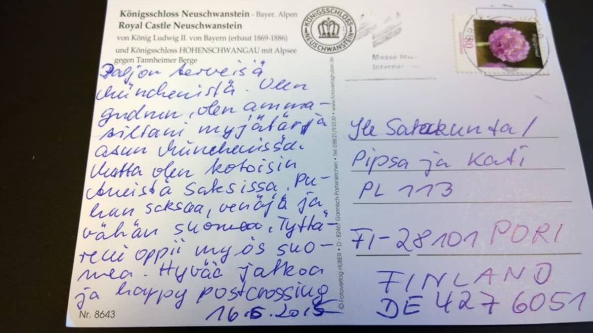 Postikortin takapuoli, jossa tekstiä