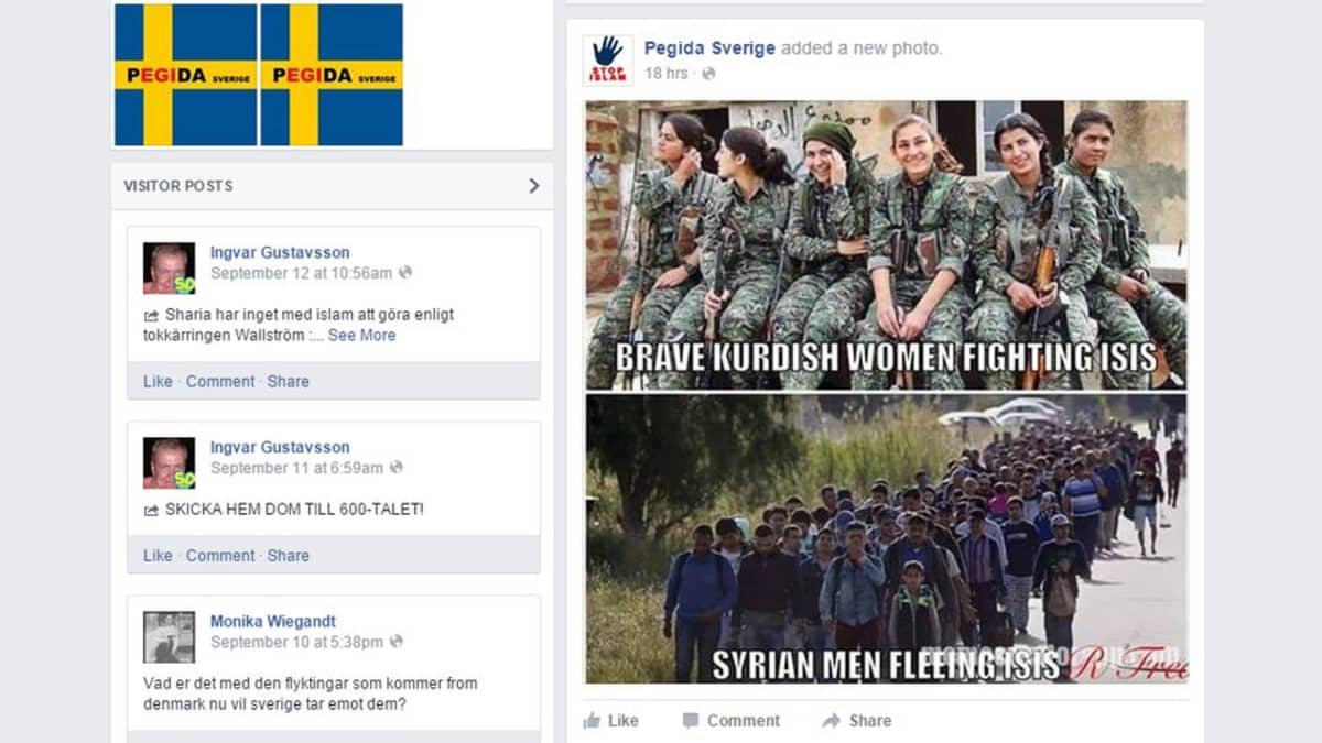 Kuvakaappaus Ruotsin Pegidan facebook-sivuilta. 