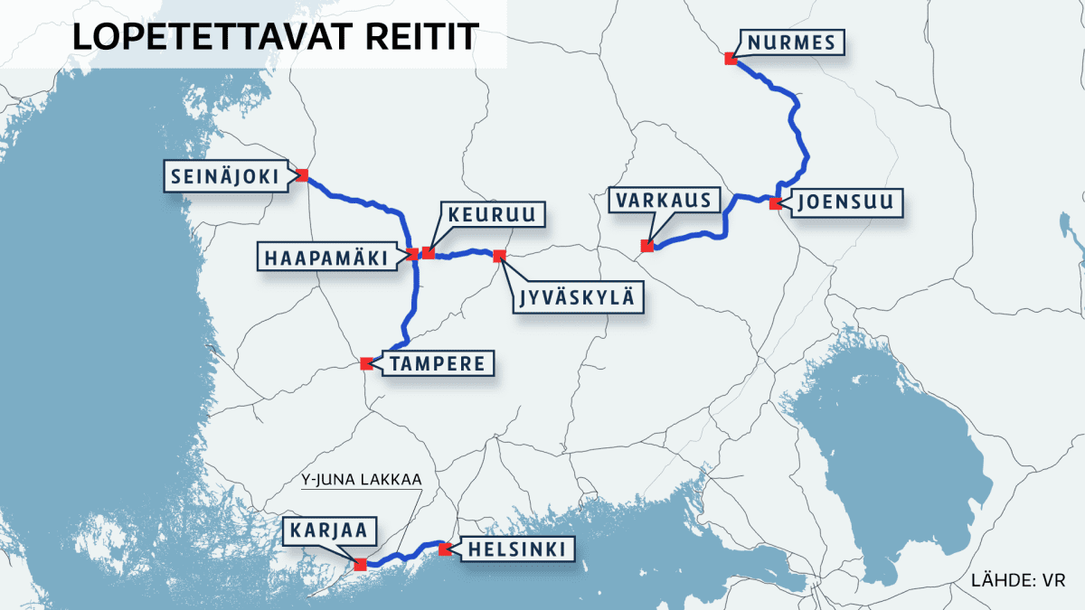 Tässä lakkautettavat junayhteydet - kartta | Yle Uutiset