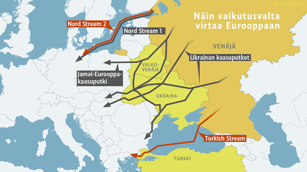 Venäjältä Eurooppaan kulkevat öljyputket kartalla.