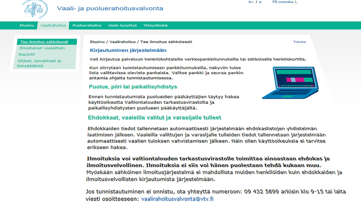 Ruutukaappaus vaali- ja puoluerahoitusvalvonnan www-sivuilta.