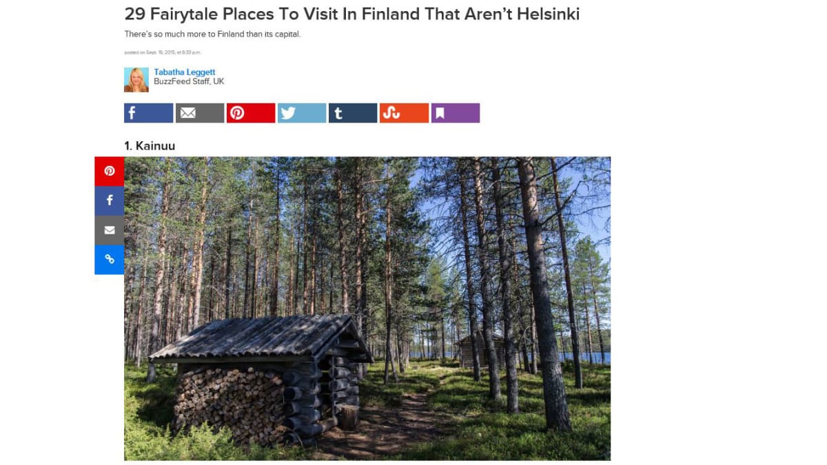 Sivukaappaus BuzzFeedin nettisivustolta, jossa Tabatha Leggett esittelee suomalaisia sadunomaisia paikkoja Helsingin ulkopuolella.