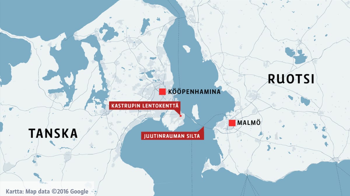 Kartta, jossa näkyvät Kastrupin lentokentän ja Juutinrauman sillan sijainnit.