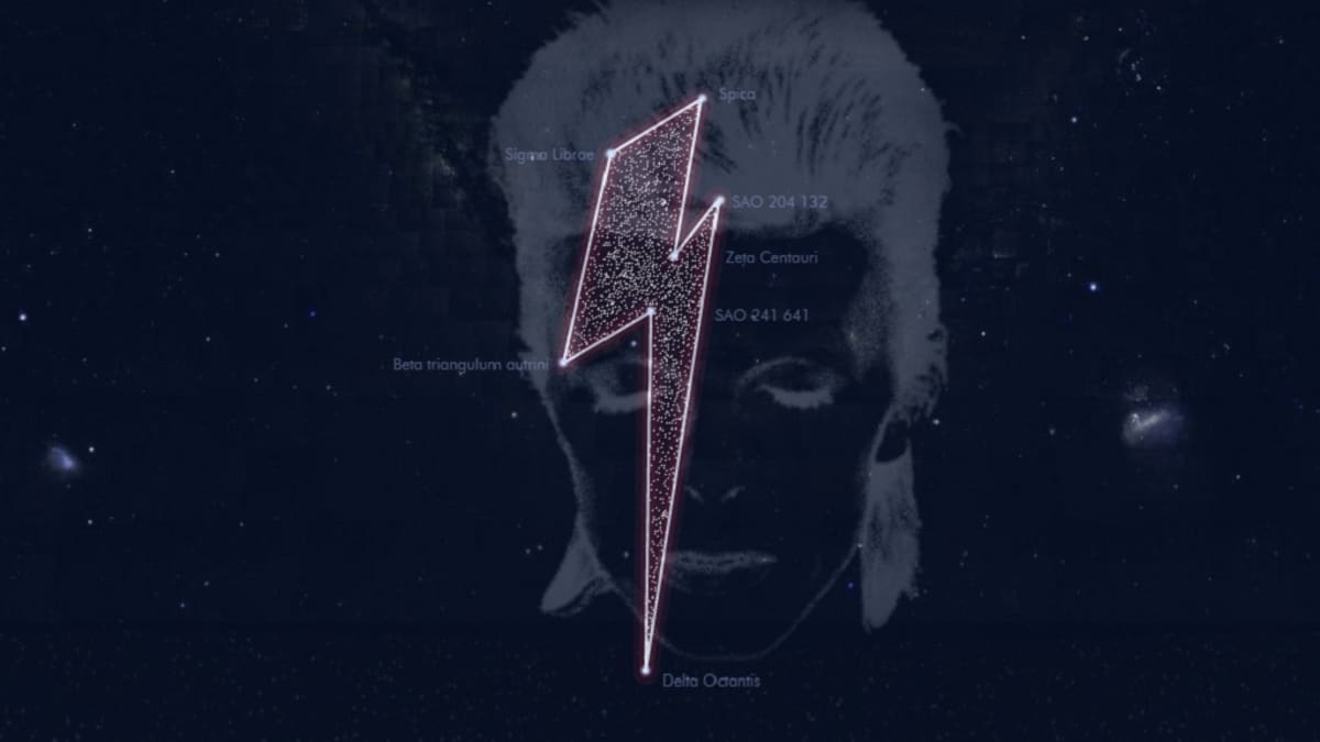 David Bowien kunniaksi rekisteröity tähtikuvio on salamanmuotoinen. Kuvakaappaus Stardust for Bowie -internetsivuilta. 