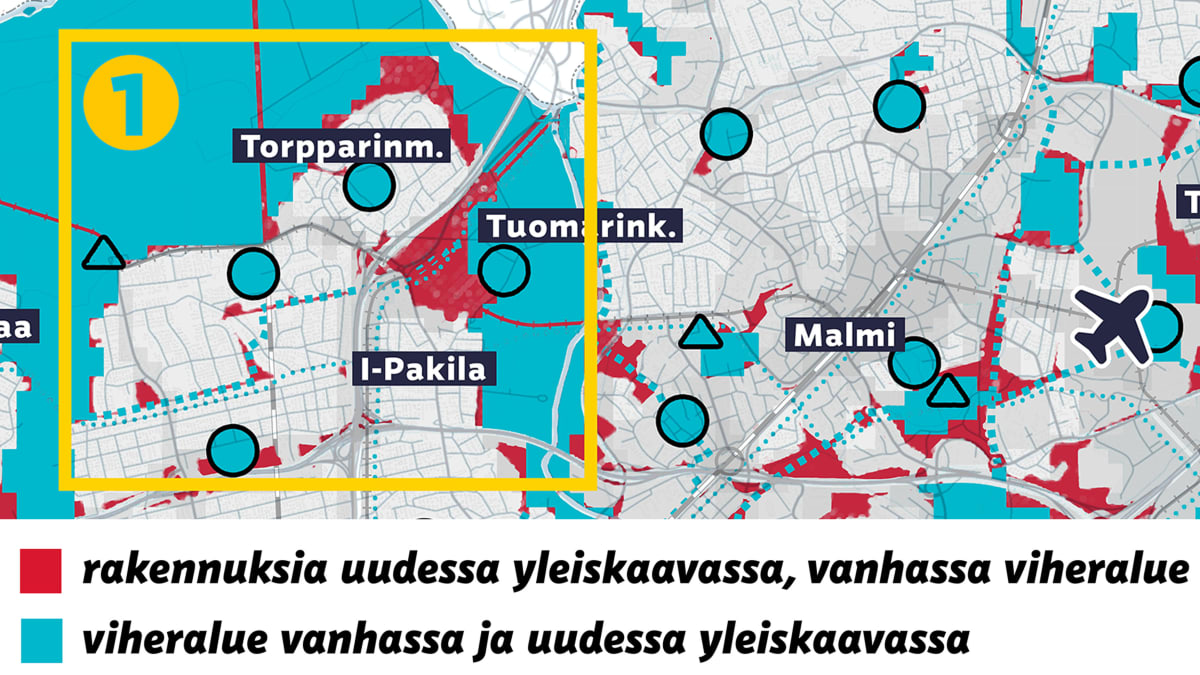 Karttaan on merkitty punaisella on ne alueet, jotka on merkattu vanhaan yleiskaavaan viheralueiksi, mutta uudessa yleiskaavaehdotuksessa rakennuksille.