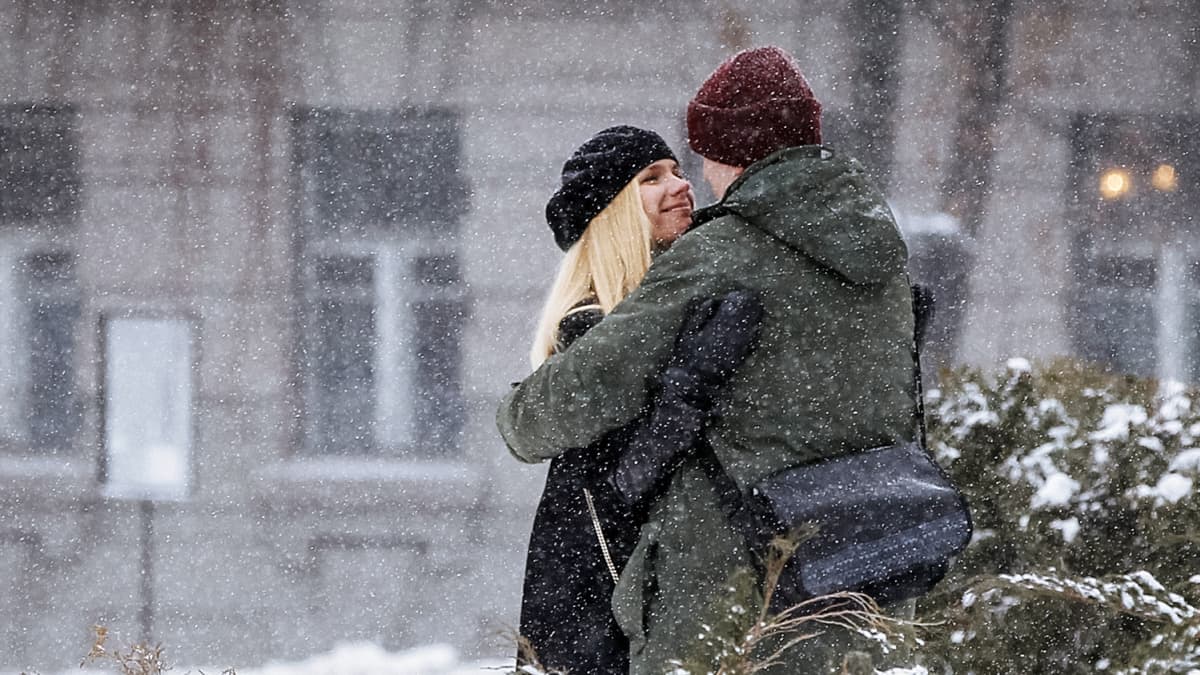 Pariskunta halaa lumisessa puistossa.