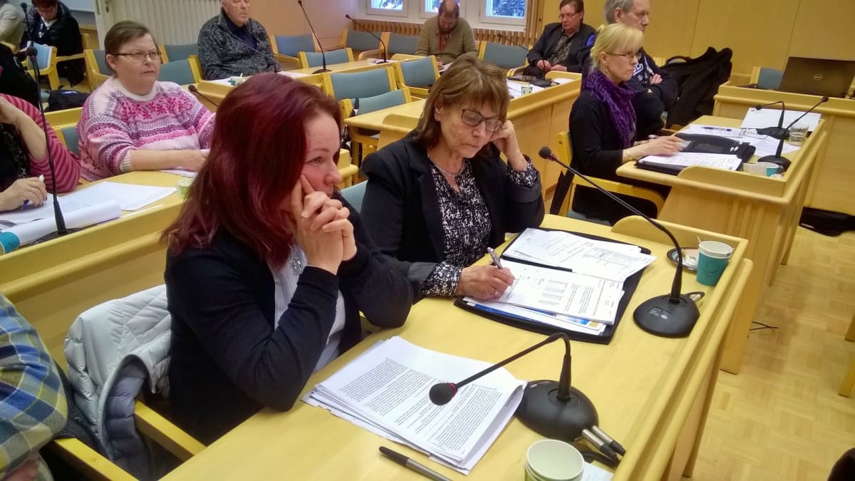 Kittilän kunnanvaltuutettu ja kunnanhallituksen jäsen Susanna Kantola (kesk.) vasemmalla valtuuston kokouksessa 29.2.2016.