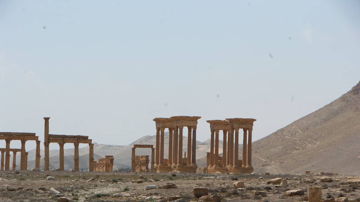 Muinaisia pylväitä Palmyran kaupungissa kuvattuna 27. maaliskuuta 2016.