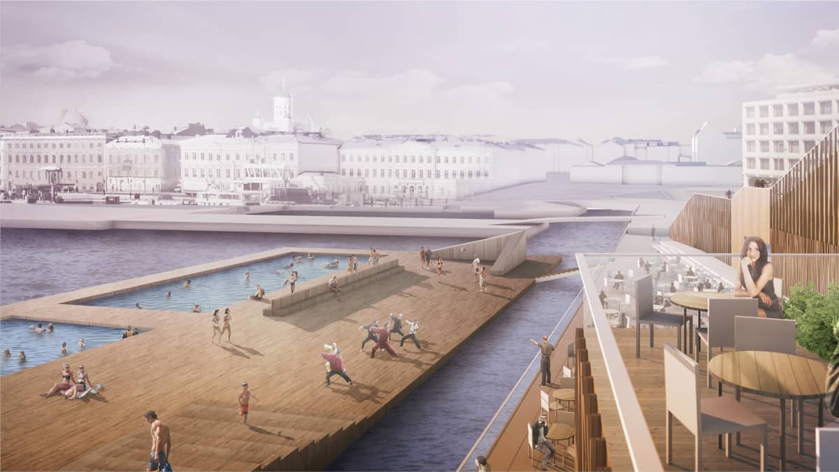 Tällaiset näkymät avautuvat Helsingin uuden merikylpylän paviljonkirakennuksen katolta kesällä 2017.