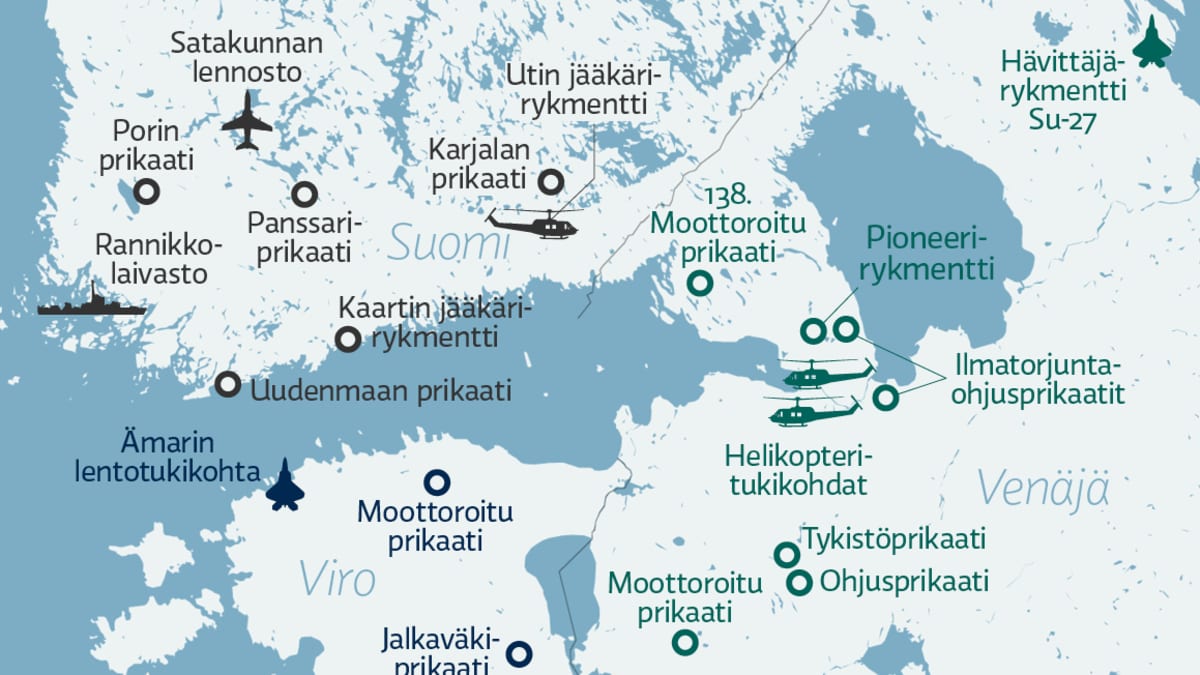 Suomenlahden ja lähialueen merkittävät joukko-osastot.