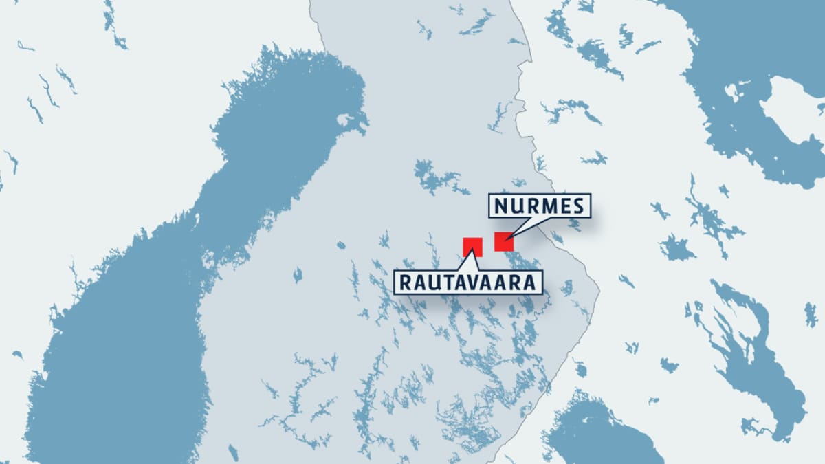 Suomen kartta jossa Nurmes ja Rautavaara