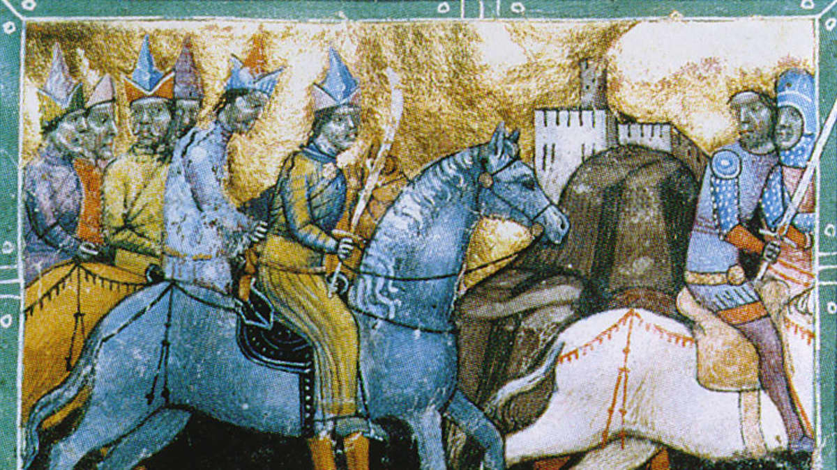 Mongoleita hevosten selässä esittävä maalaus vuodelta 1241