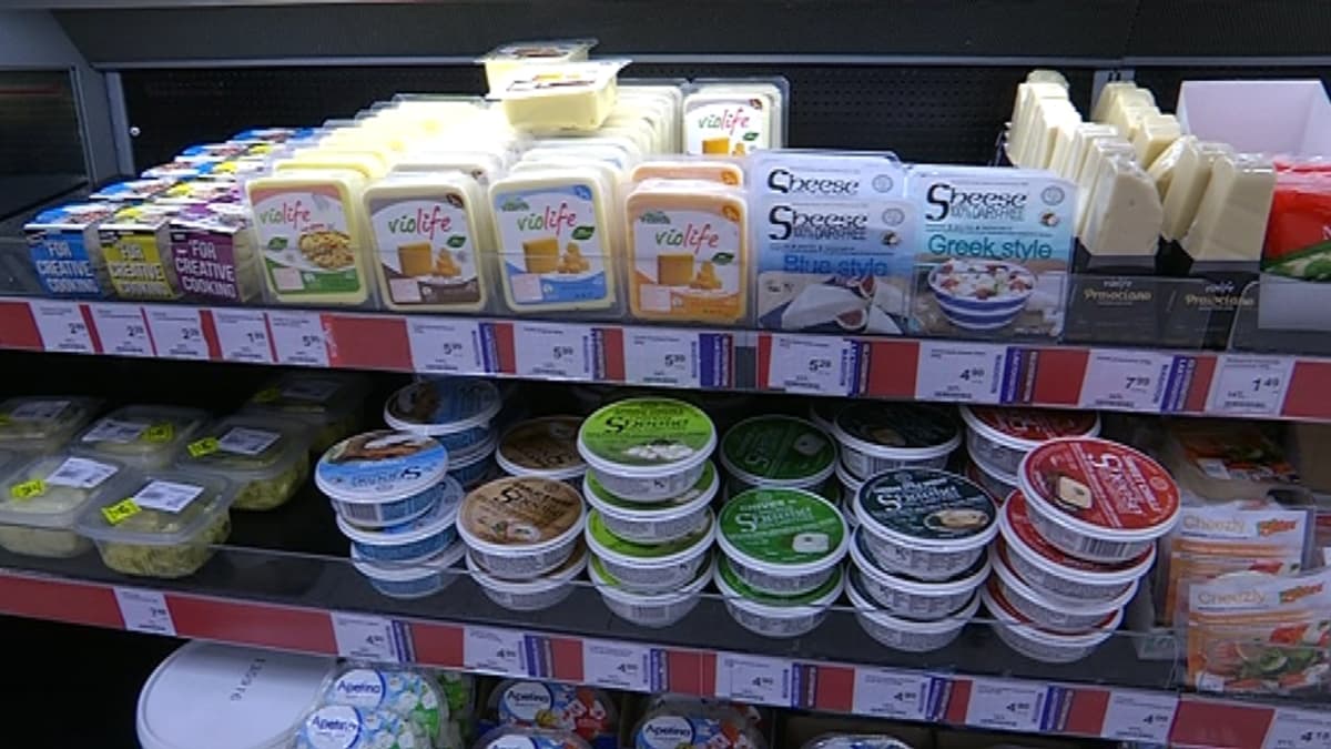 Vegaanisia juustokkeita kaupan hyllyssä