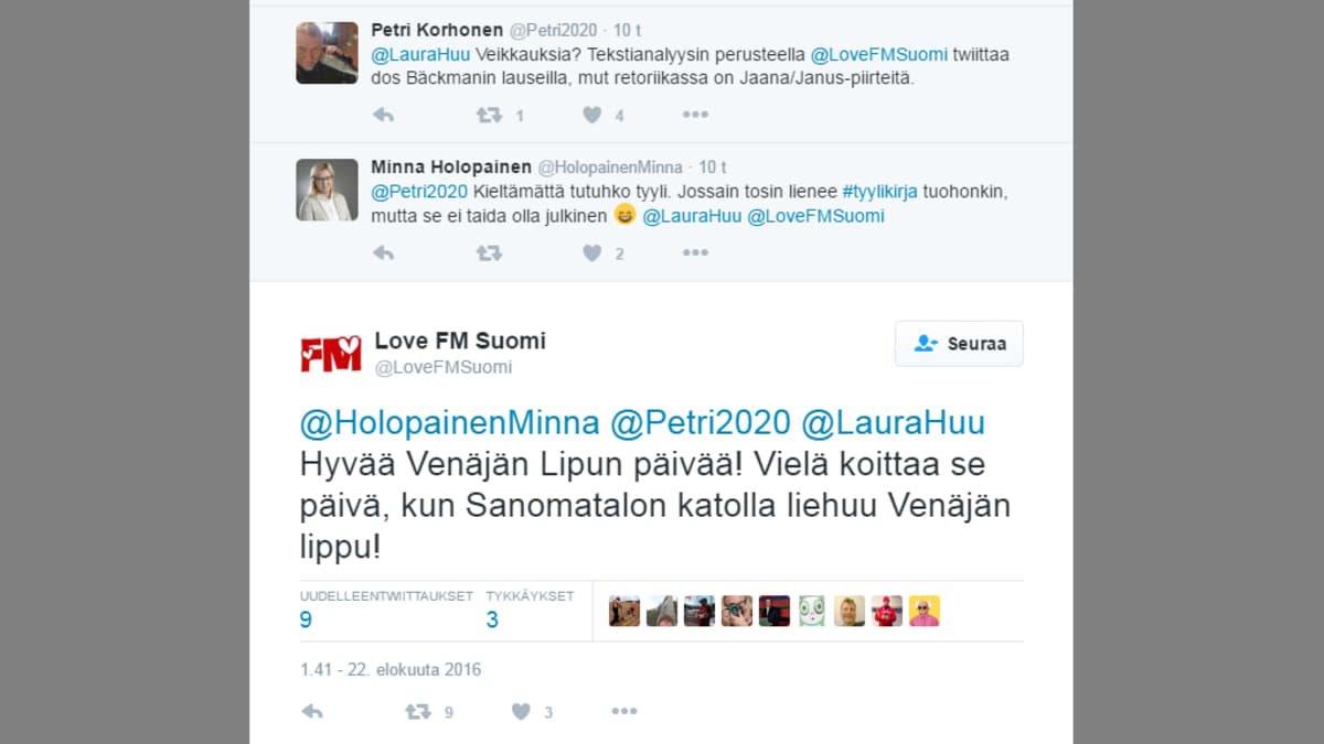Kuvakaappaus twitter-keskustelusta. 
