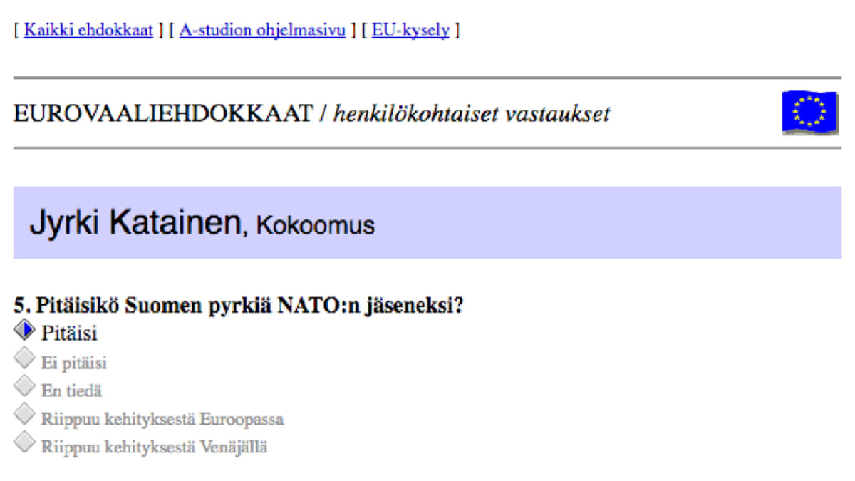 Kuvakaappaus Jyrki Kataisen vastauksesta kysymykseen; Pitäisikö Suomen pyrkiä NATO:n jäseneksi? 