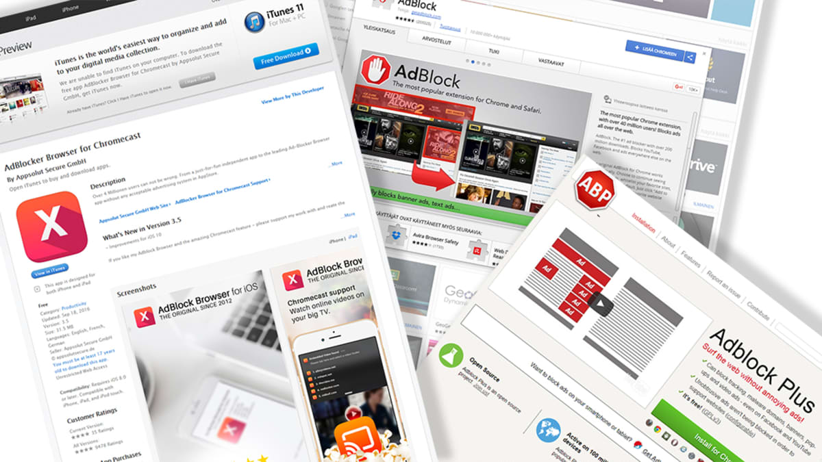 Adblocker-palveluiden etusivuja