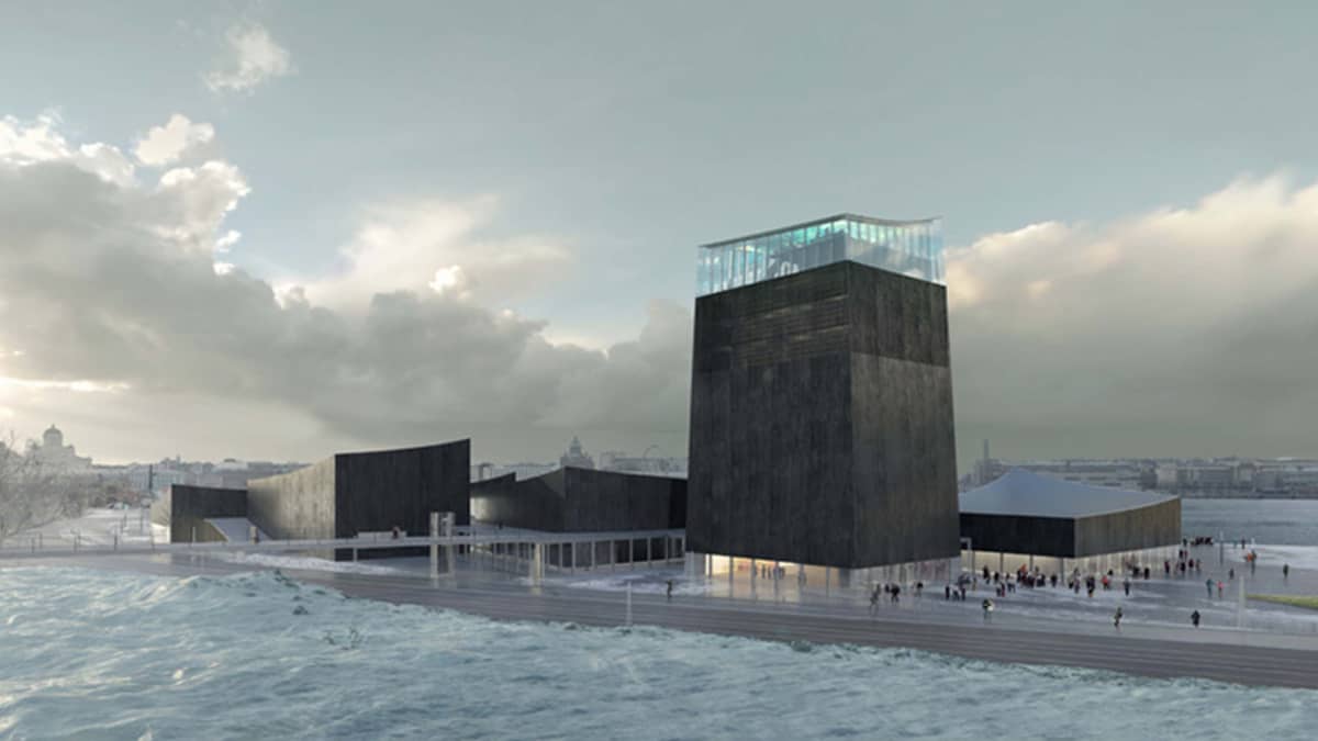 Havainnekuva Guggenheim Helsinki -arkkitehtuurikilpailun voittaneesta rakennuksesta.