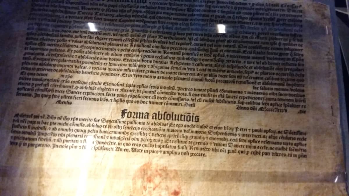 anelukirje ristiretken rahoittamiseksi v. 1485, ollut esillä Turun kirjamessuilla 2016
