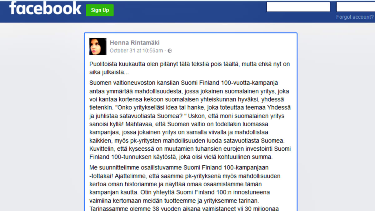 Hanna Rintamäen facebook -kirjoitua.