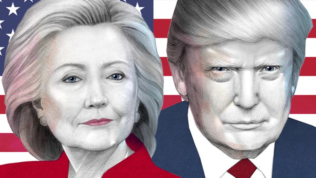 Piirroskuvitus, jossa Hillary Clinton, Donald Trump ja Amerikan lippu.