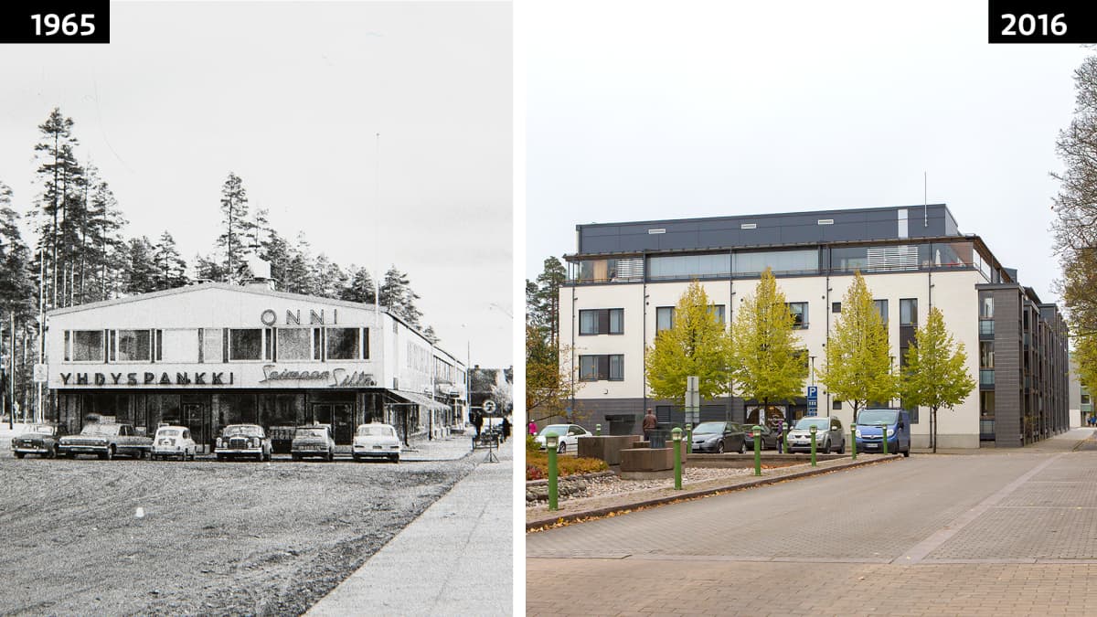 Lauritsalan Yhdyspankki Luukkaantorilla vuonna 1965 ja nykyinen rakennus vuonna 2016.