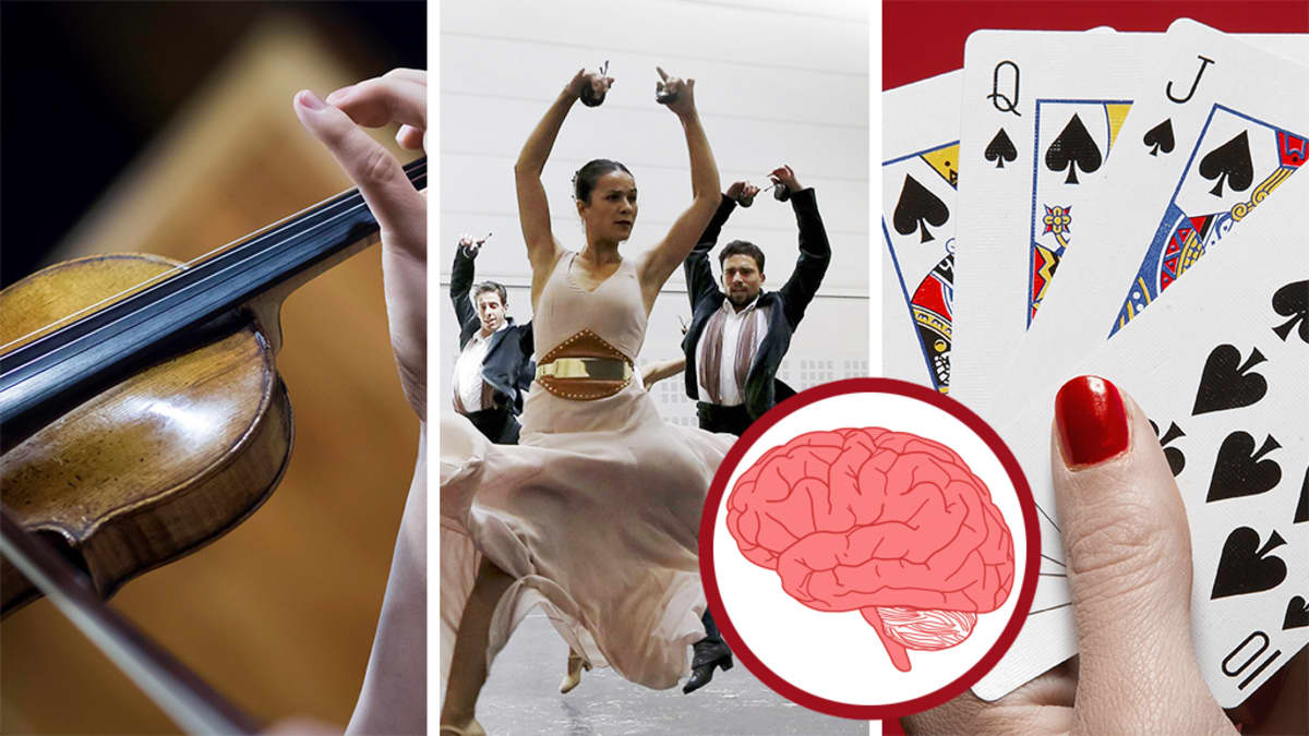 Yhdistelmäkuva, jossa näkyvät viulunsoittajan kädet, baletin harrastajat sekä korttia pelaavan naisen käsi. Kuvan päällä on aivojen piirrossymboli.