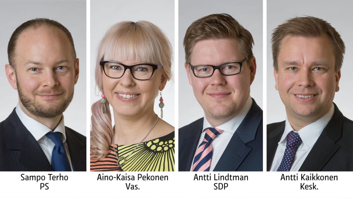  Sampo Terho PS, Aino-Kaisa Pekonen Vas, Antti Lindtman SDP, Antti Kaikkonen Kesk.