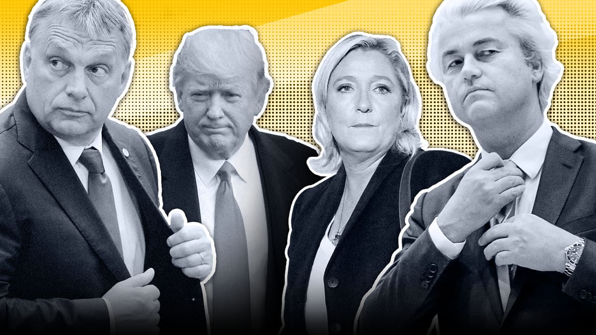Kuva, jossa vasemmalta lukien Viktor Orban, Donald Trump, Marine Le Pen ja Geert Wilders. 